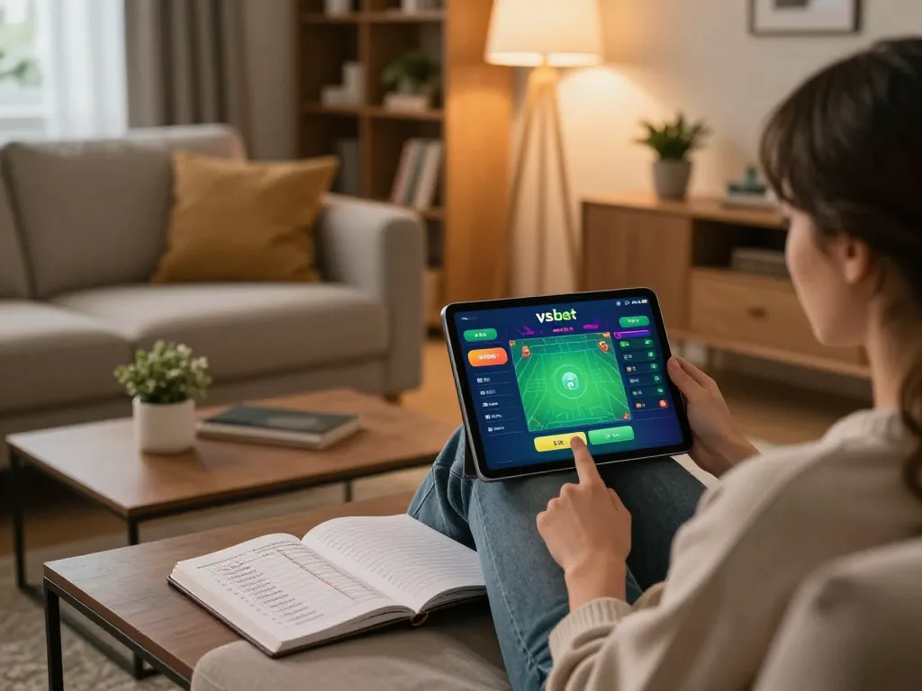 Engaged user placing bets on vsbet online casino tablet in cozy home setting