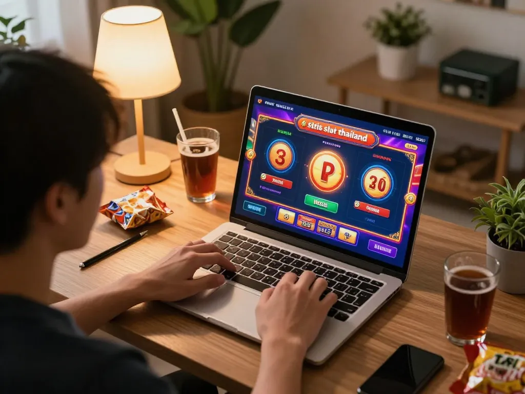 Engaged player focused on situs slot thailand online slots with winning animations visible.