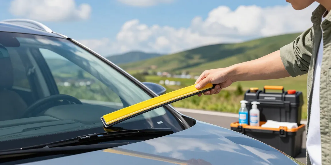 Inspecting a soft wiper blade for vehicles in a scenic outdoor setting.