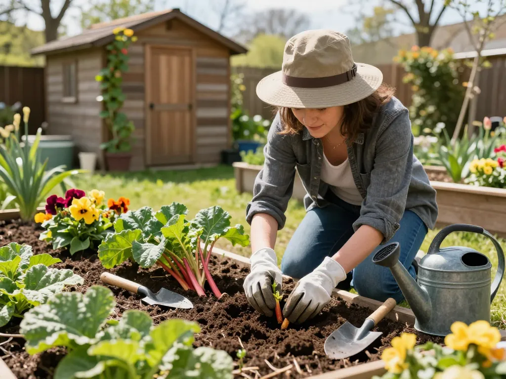 Gardener planting rabarber stekken kopen in spring garden with colorful blooms.
