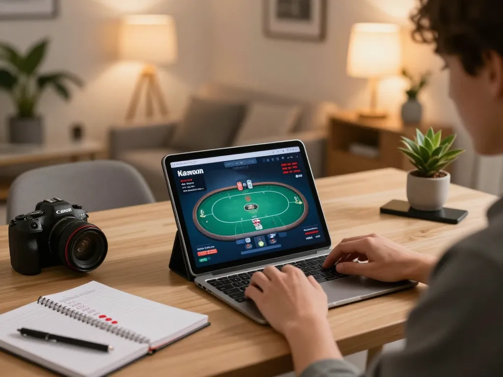 Player enjoying sites not on gamstop on a tablet, cozy home gaming atmosphere, strategic betting notes visible