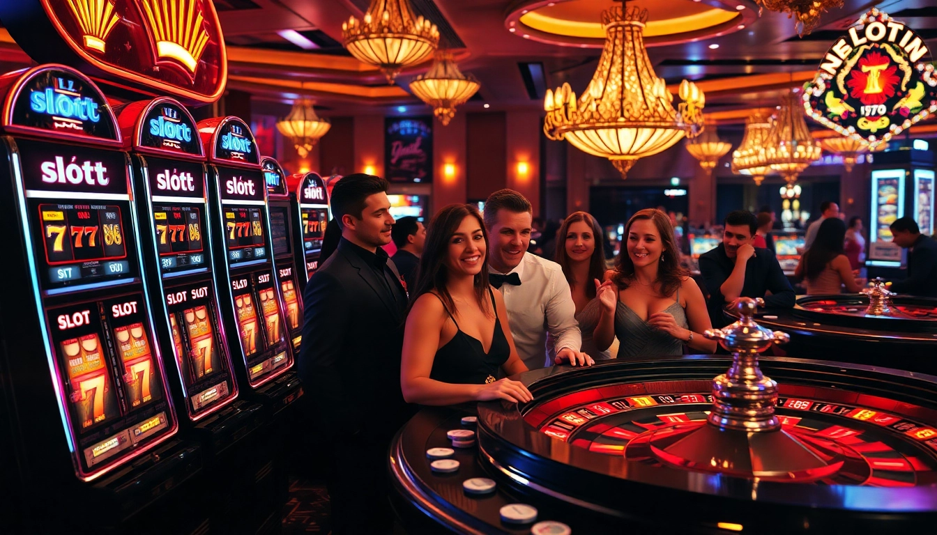 Players enjoying thrilling slot 777 games in a luxurious casino setting.