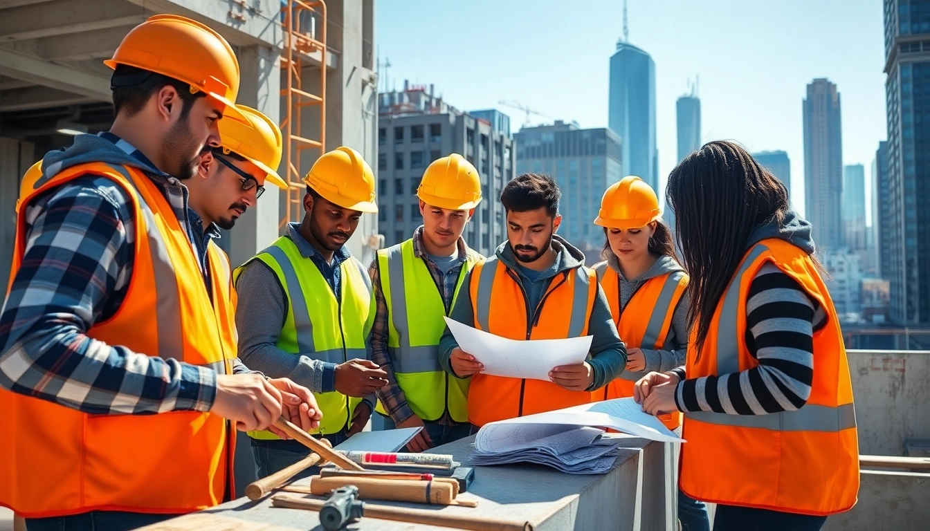 Engaged trainees in construction apprenticeship collaborating on urban projects.