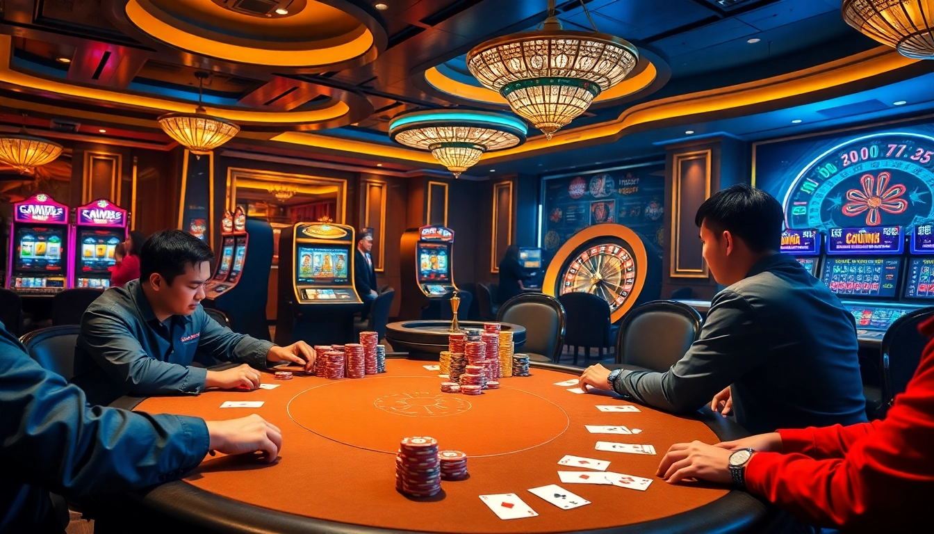 Intense gambling at nhà cái thabet poker table with vibrant atmosphere and colorful chips.