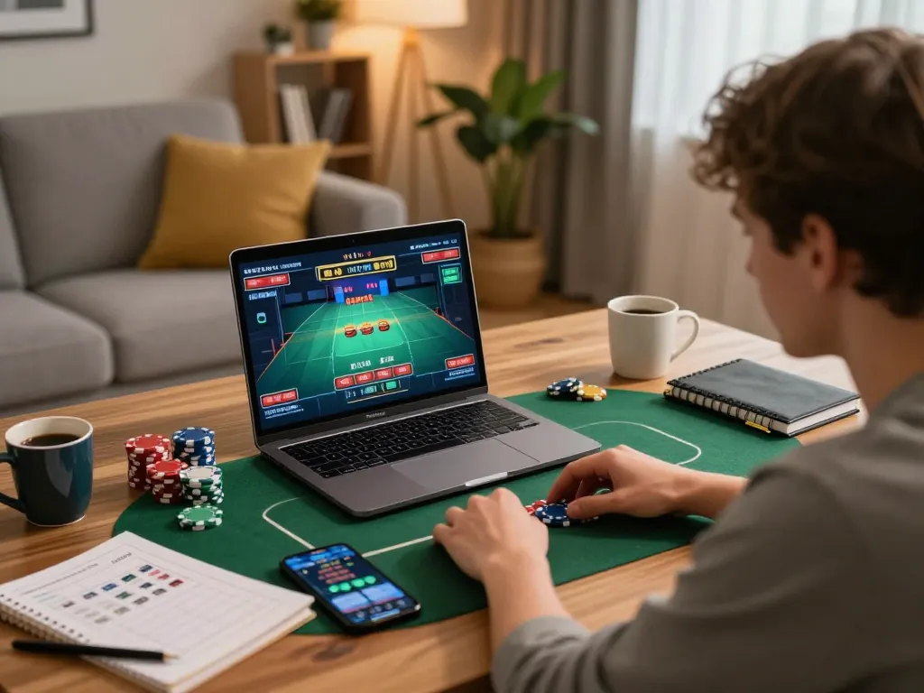 Engaging in a poker game on 28bet with strategic betting notes and chips visible in a cozy home setup.