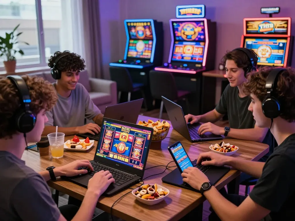 Exciting online gaming scene with vegasslot77 slot machines and friends enjoying a vibrant atmosphere.
