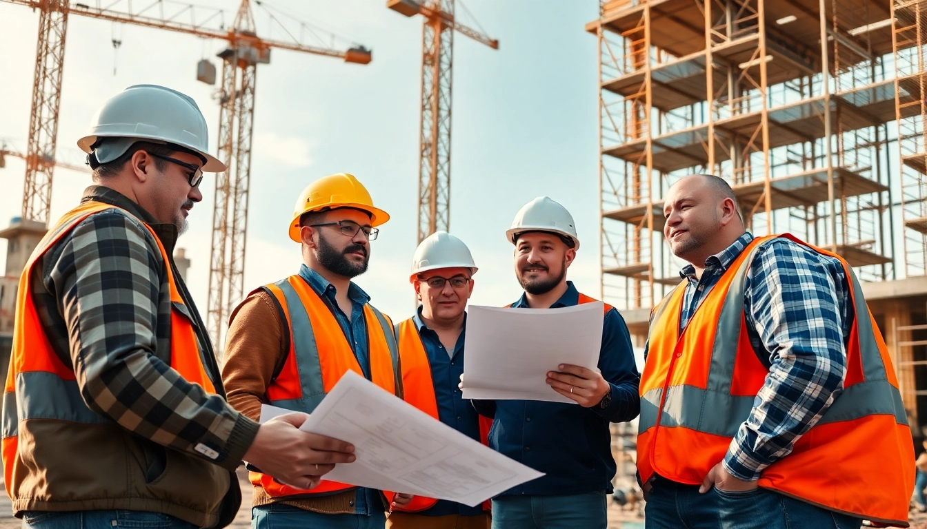 Construction association workers coordinating tasks at a lively construction site