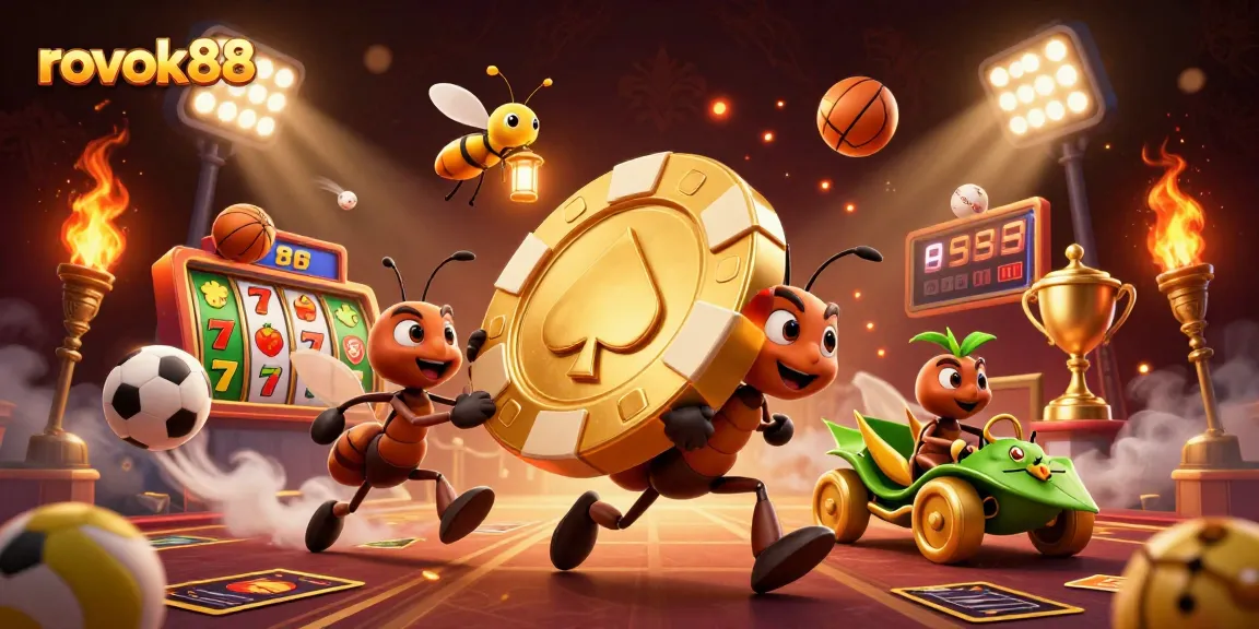 rokok88 features a heist scene with cartoon ants and dynamic gambling elements, showcasing excitement and action.