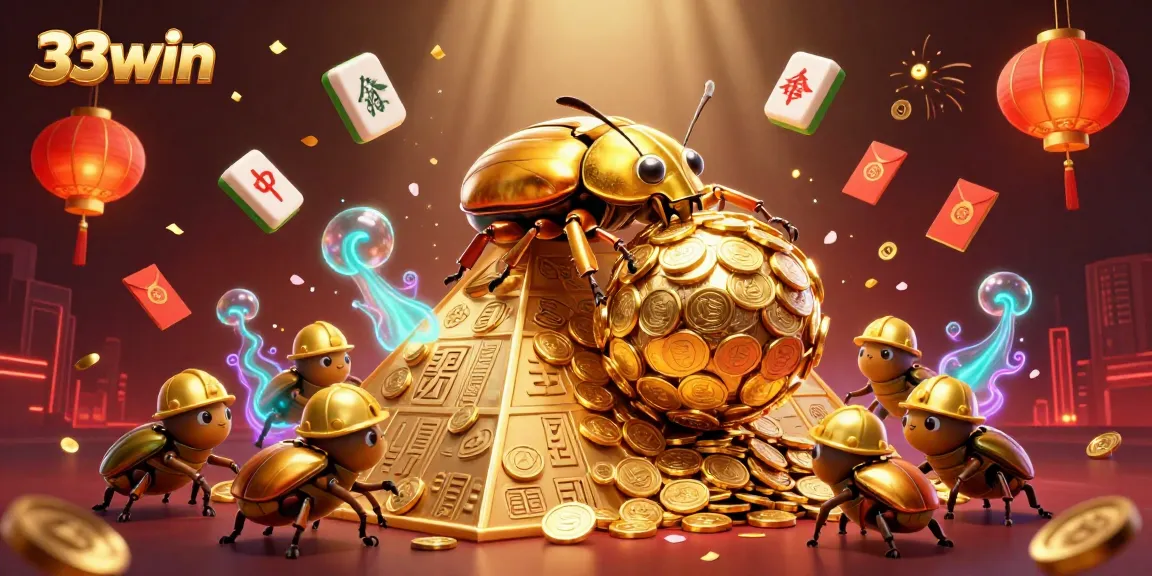 Bet on luck and fortune with 33win's exciting online casino experience, featuring golden beetles and coins.