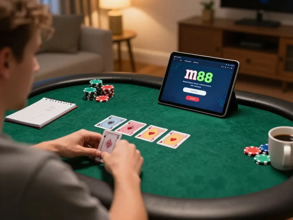 Tham gia poker trực tuyến với liên kết m88 trên máy tính bảng trong một không gian ấm cúng, thể hiện chiến lược.