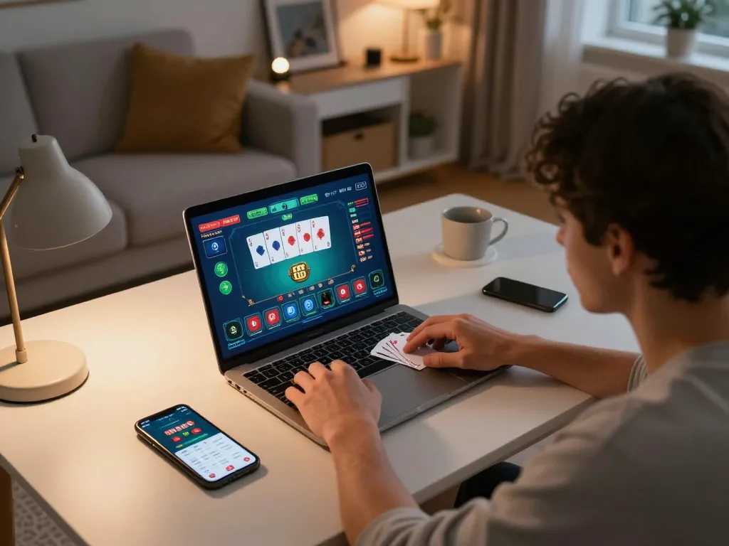 vt88 online poker gameplay with laptop and smartphone set up in cozy home environment