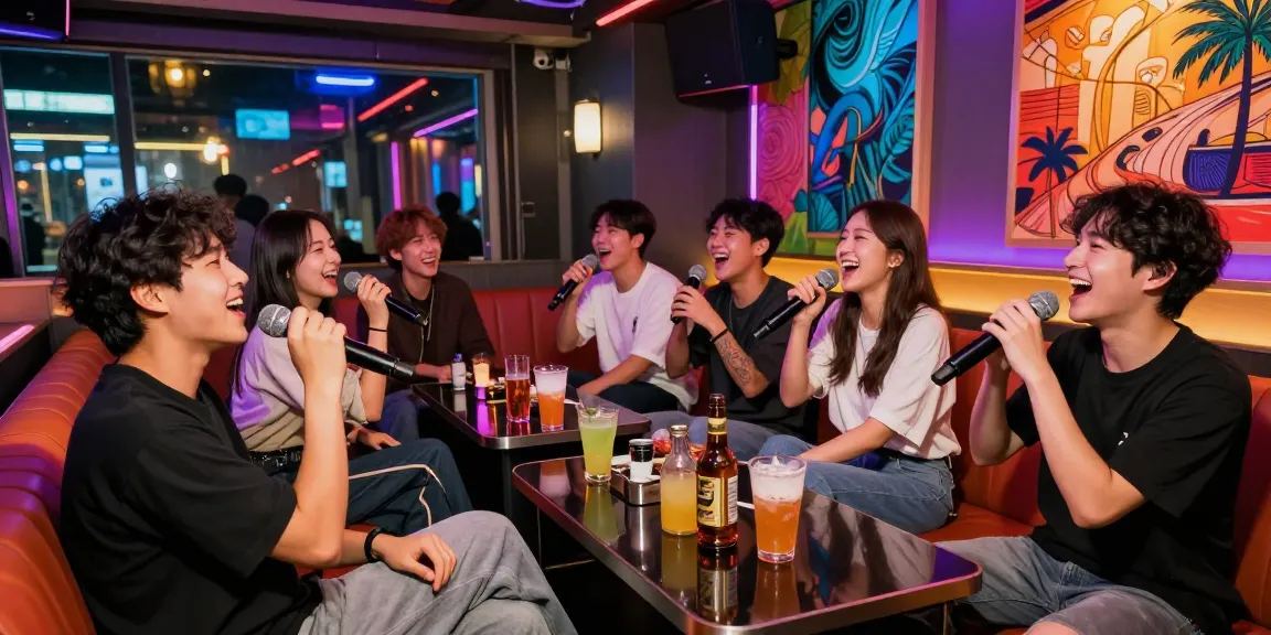 Exciting 제주유흥 karaoke night scene filled with laughter, neon lights, and friends enjoying drinks.