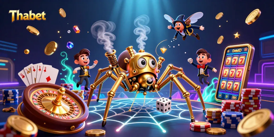 Experience thrilling gameplay with the remarkable Thabet spider weaving golden chains in this vibrant casino scene.