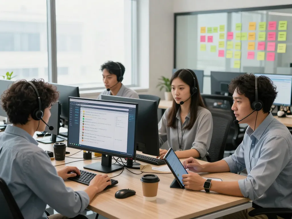 CSKH 24/7 hubet88 customer support team collaborating in a lively modern office.