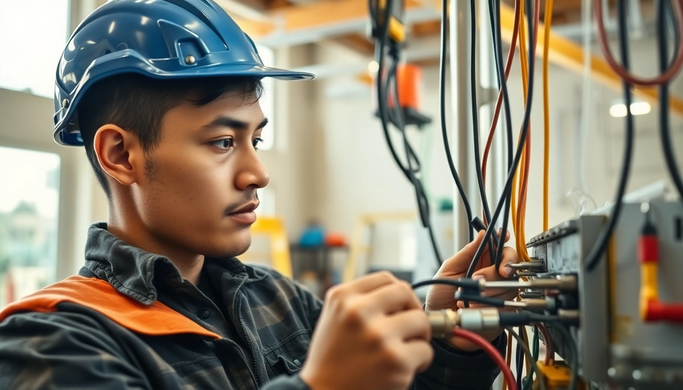 Electrician apprenticeship in action as an apprentice connects wiring in a well-lit workshop.