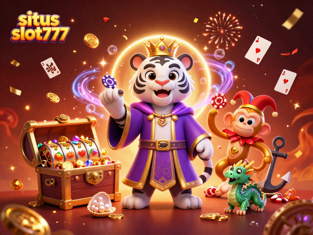 Experience exhilarating wins at situs slot777 with vibrant scene featuring a royal tiger, playful monkey, and dynamic slot elements.