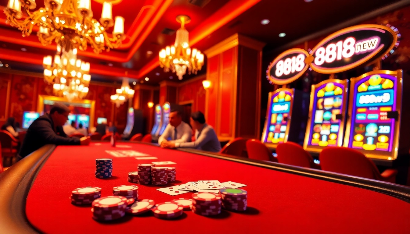 Experience the excitement of a bustling casino with 888new poker players at an elegant table.