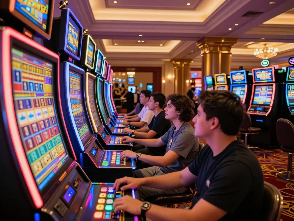 Excited players engaging at slot machines with colorful displays and vibrant lighting.