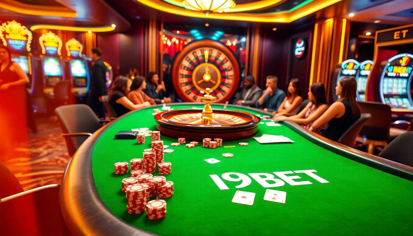 I9BET players engaging at a luxurious casino table surrounded by vibrant gaming elements.