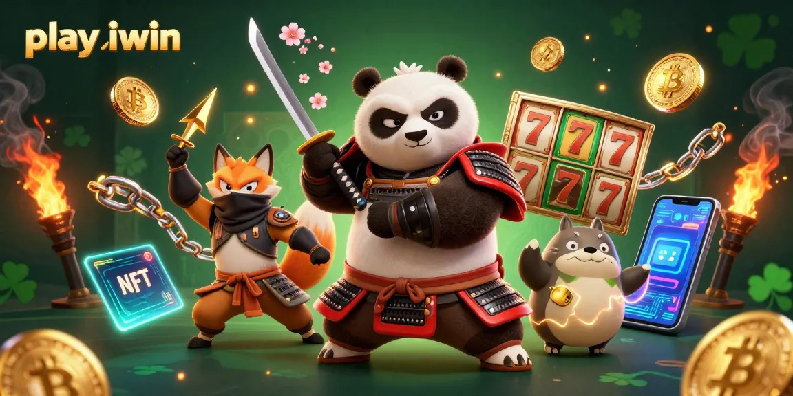 Play iwin with a fierce samurai panda and ninja fox amidst vibrant casino elements.