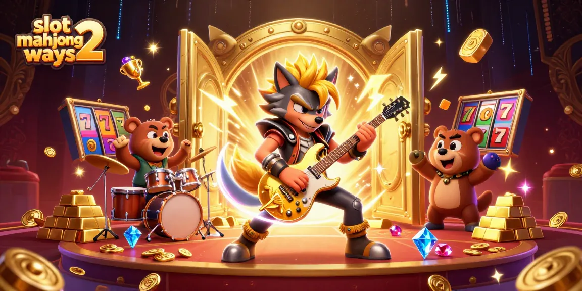 Engage with slot mahjong ways 2 in this vibrant casino scene featuring rock star wolf and drummer bear.