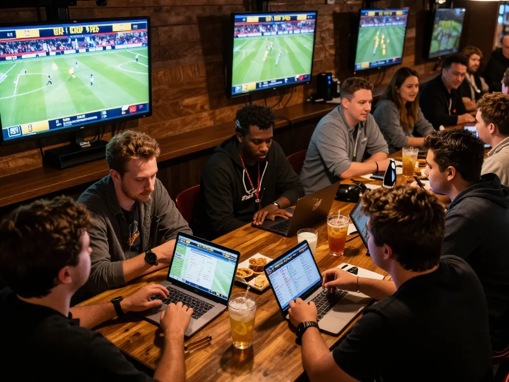 Intensely focused friends enjoying sports betting at https://xoilac.now/ with live match screens in the background.