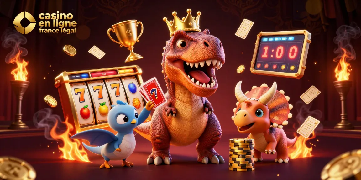 Illustration dynamique de casino en ligne France légal avec un T-Rex jouant aux cartes entouré de jeux et trophées.