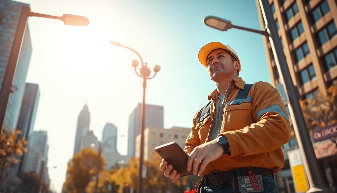 Technician performing lighting maintenance on streetlights, ensuring safe urban illumination.