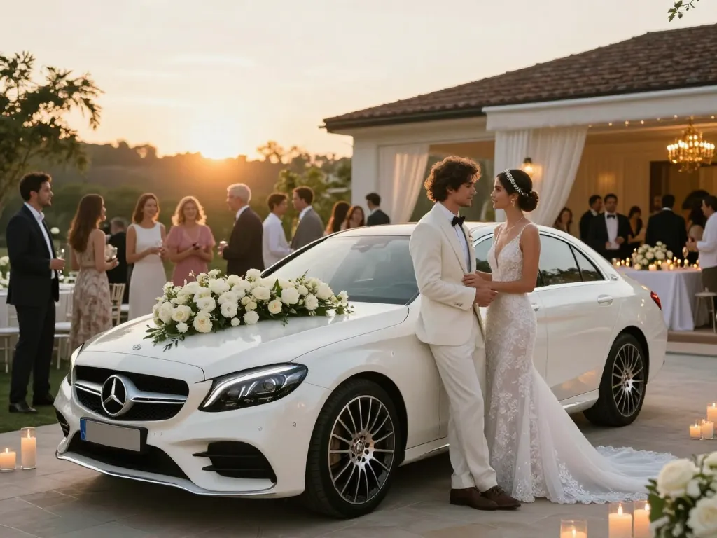 Thuê một chiếc xe Mercedes cưới cho một buổi lễ trang nhã với trang trí hoa và phông nền đẹp mắt.