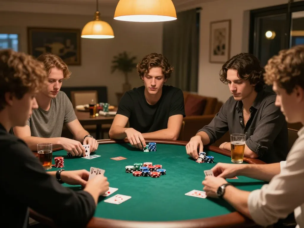 Friends passionately engaged in a poker game at home, showcasing strategic gameplay, promoting mahjong ways 2.