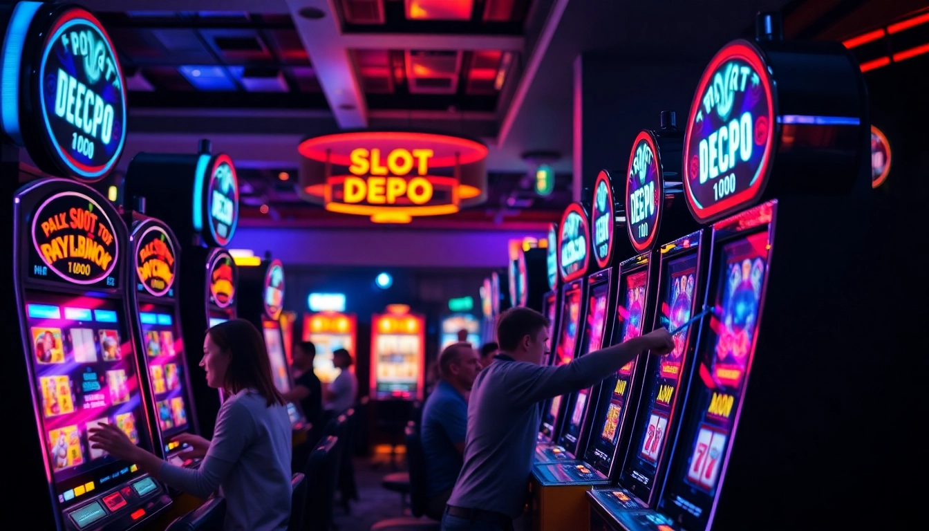 Menang di slot depo 1000, pemain merayakan jackpot di kasino dengan mesin slot yang bersinar.