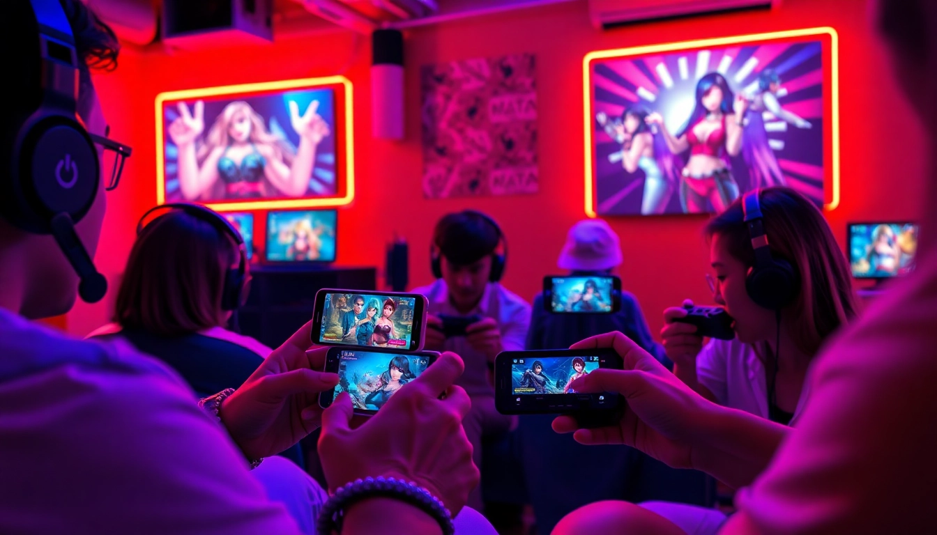 Excited players enjoying mobile porn games with dynamic graphics on their devices.