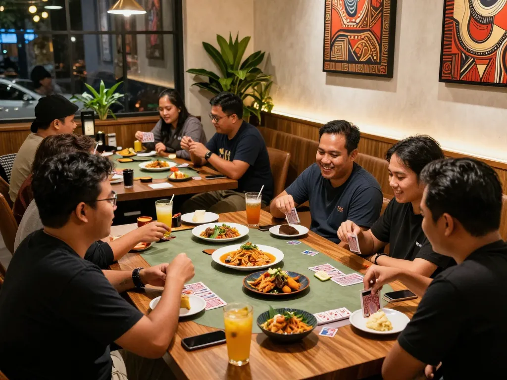 Exciting dining atmosphere at POKERSERI with friends enjoying card games and Indonesian cuisine.