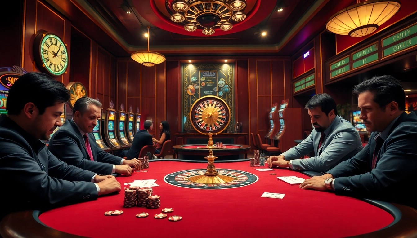 Joueurs engagés à une table de poker de casino en ligne luxueuse, entourés de machines à sous vibrantes.