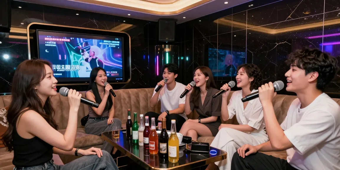 강남 가라오케에서 고급스럽고 세련된 분위기 속 사람들의 즐거운 노래 세션 모습