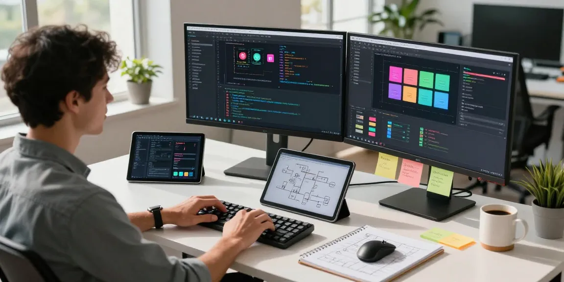 Efficient workspace for 截图工具下载 showcasing a developer coding with dual monitors in a bright office.