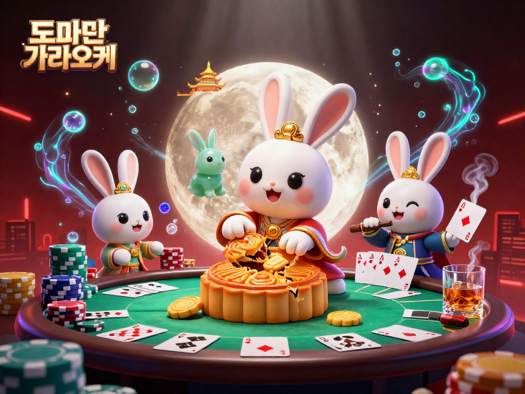 도파민 가라오케와 함께 하는 황금 달빛 속 월兔의 포커 게임 장면.