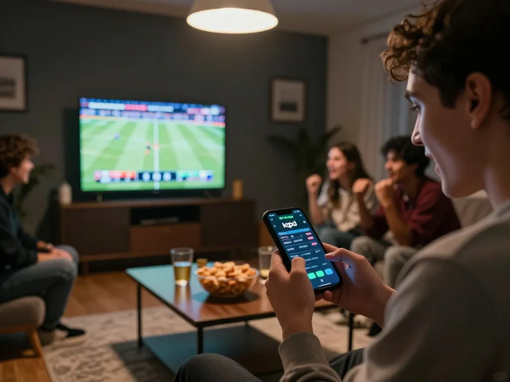 KQBD updates being viewed on smartphone during a lively sports betting gathering