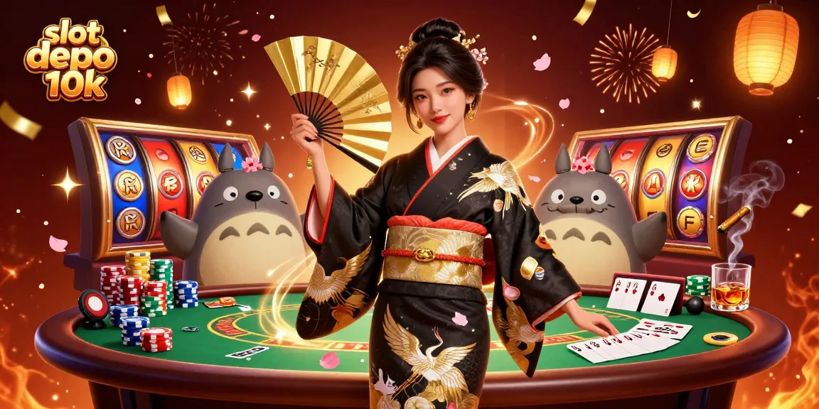 Engage with slot depo 10k gameplay amidst vibrant reels and poker elements in this lively digital scene.