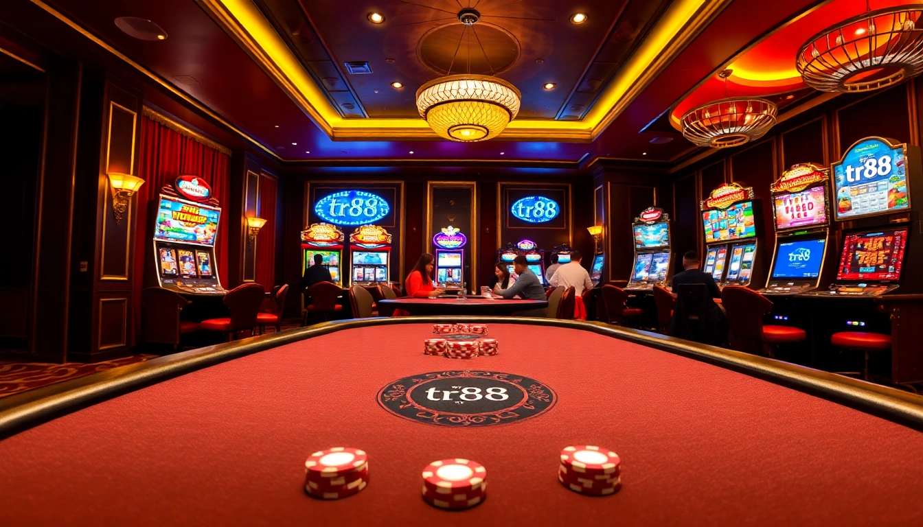 Engage in thrilling gambling experiences at tr88 casino, featuring upscale gaming tables and vibrant slot machines.