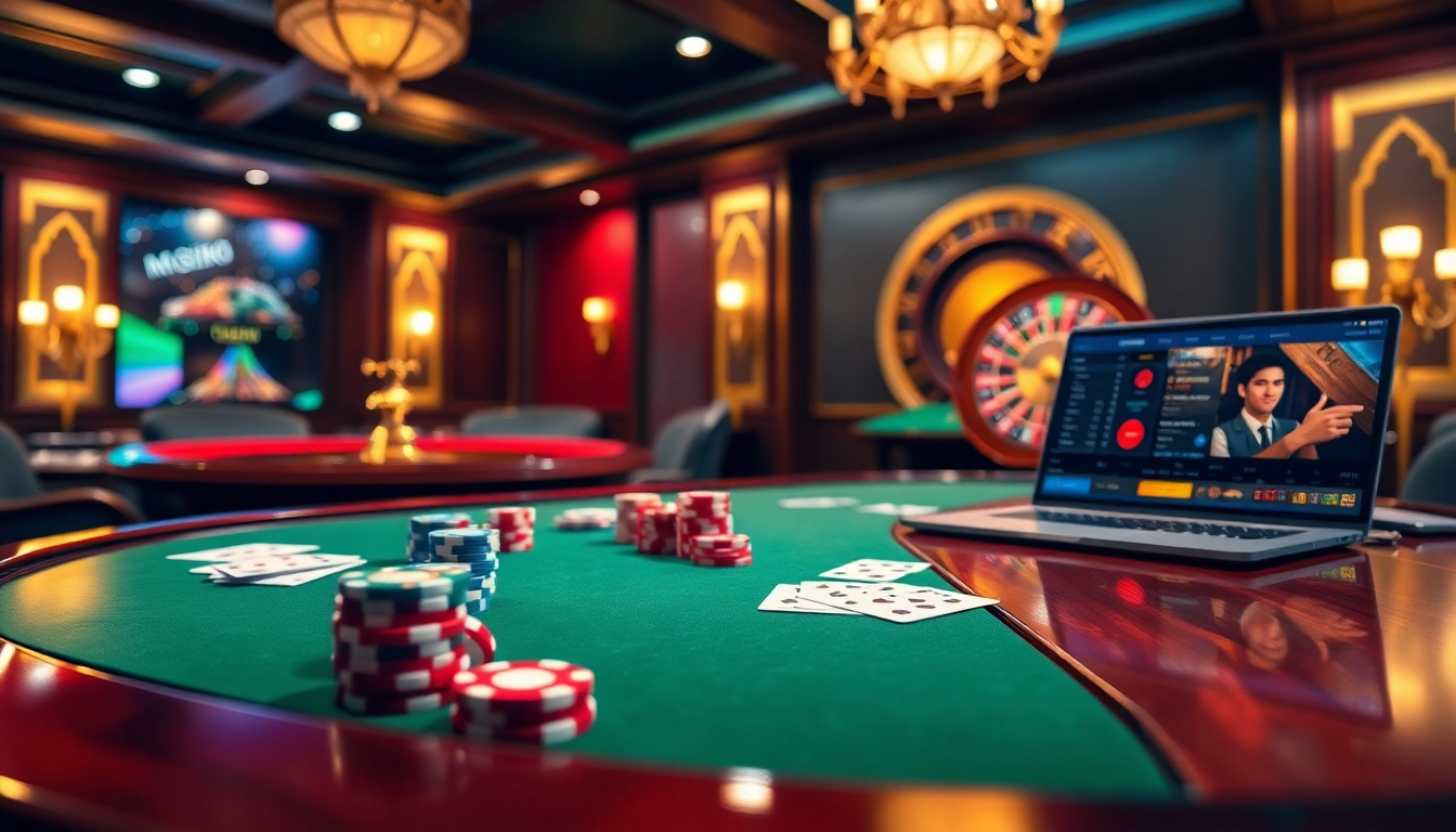 Vivez l'excitation du casino en ligne à une table de poker dynamique avec des jetons colorés.