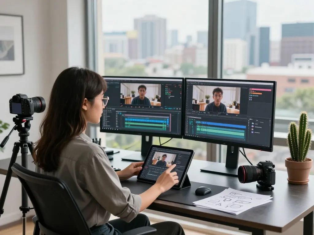 Content creator using the video to prompt tool in a modern workspace with dual monitors and natural light.