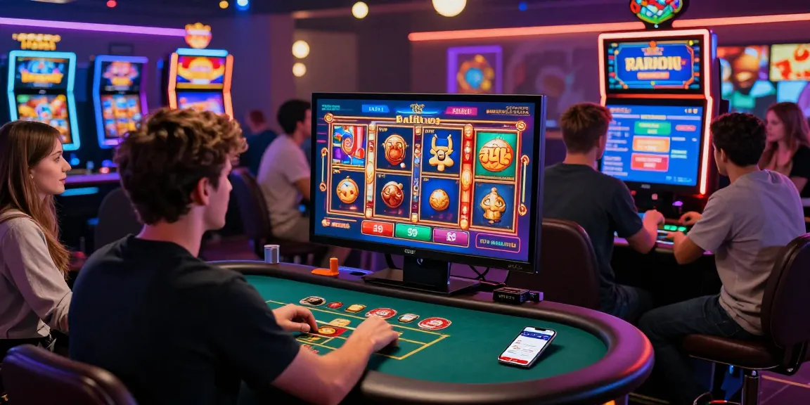 Engaged gamers enjoying 789Club's vibrant online casino experience with neon graphics and mobile app.