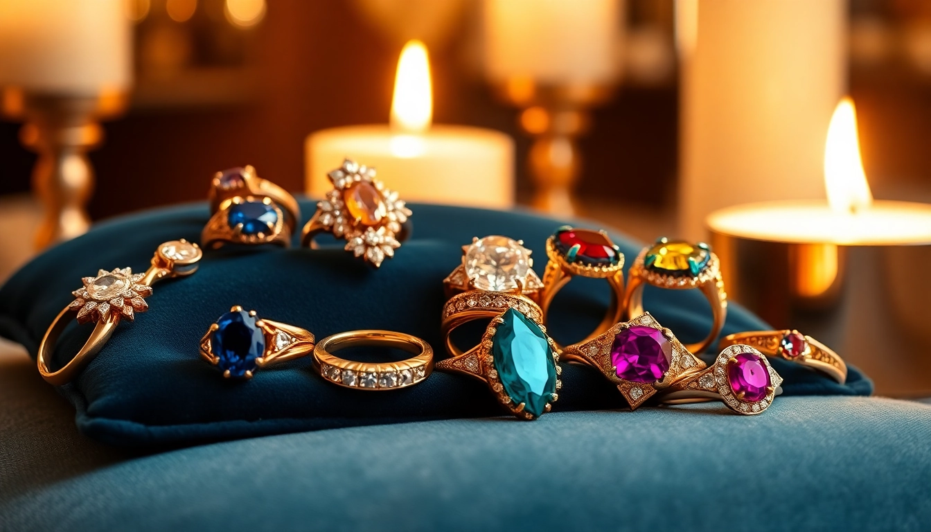 Showcase of luxury rings featuring intricate designs and sparkling gemstones.