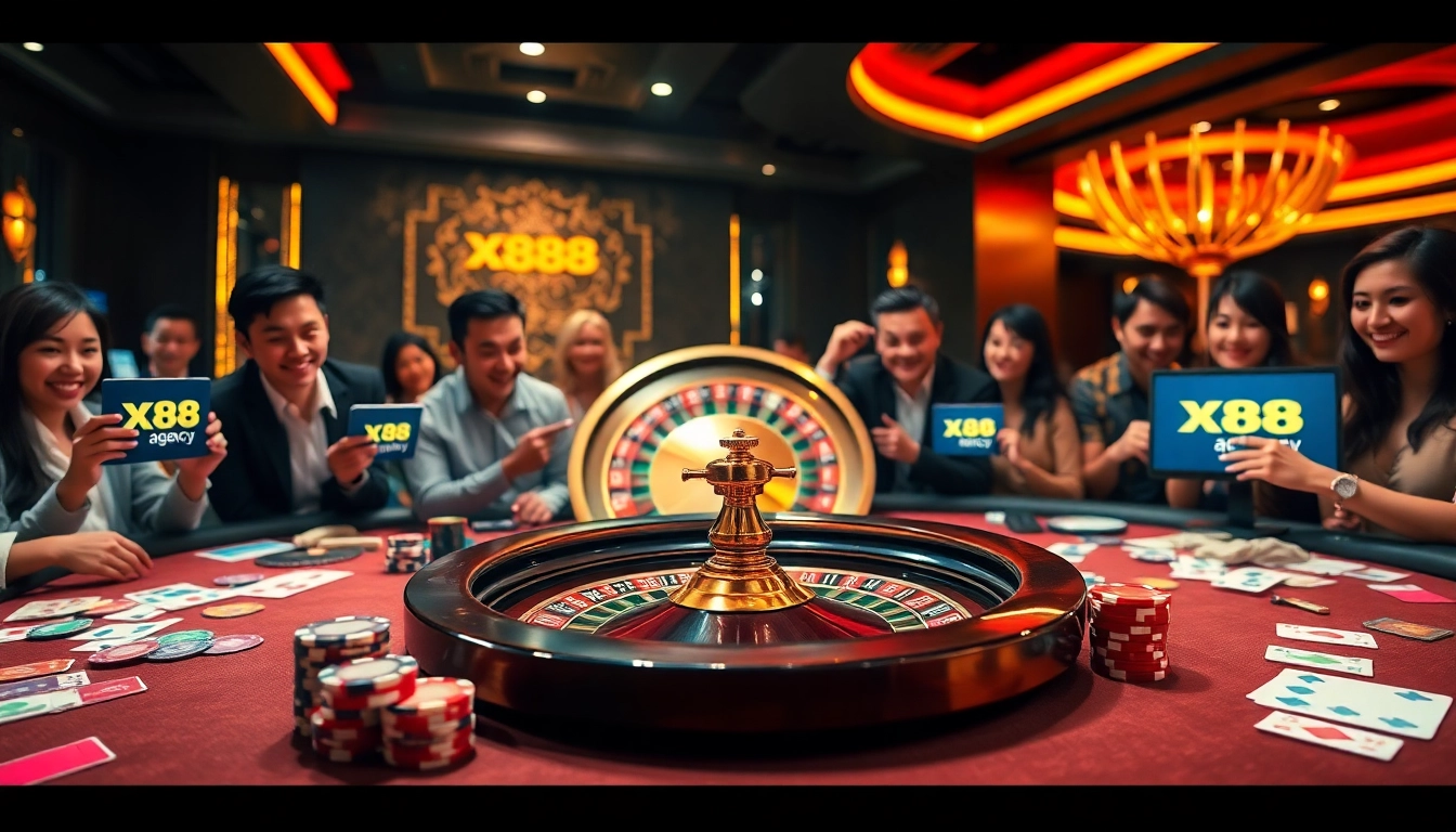 Experience thrilling gaming at x88.agency with exciting casino tables and roulette wheels.