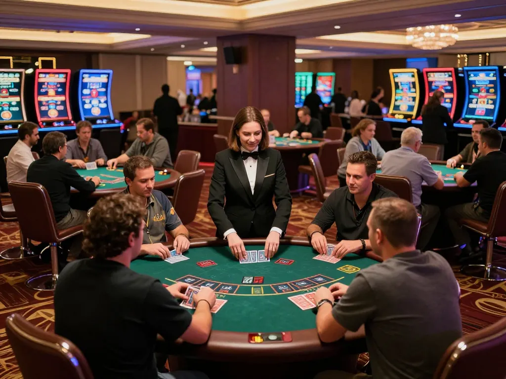Tại đây players strategize at blackjack tables in a luxurious casino environment