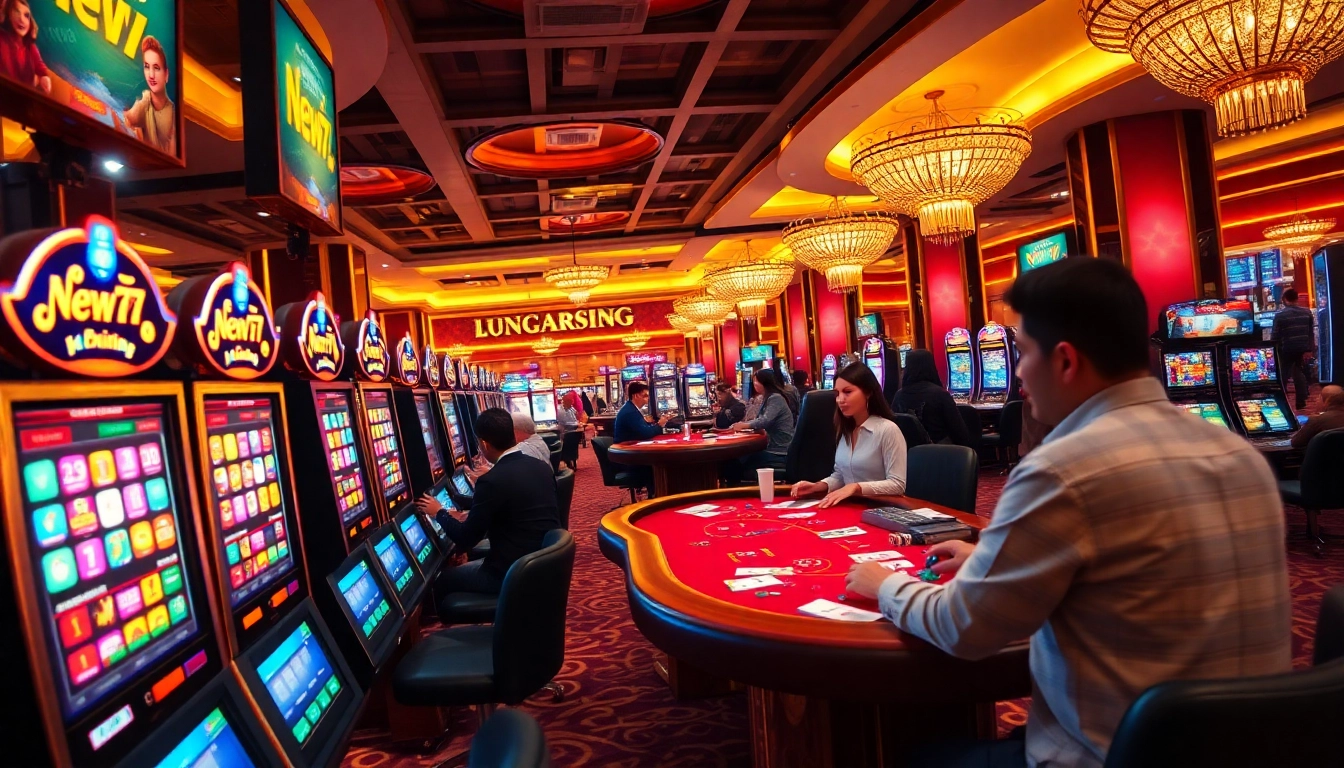 new77 alternatif slots feature players celebrating wins amidst vibrant casino ambiance