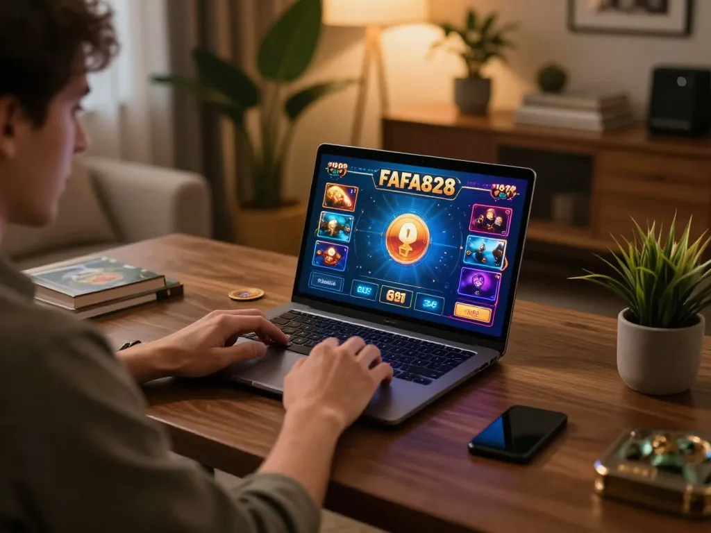 การเข้าร่วมการพนันออนไลน์ FAFA828 ที่บ้านด้วยแล็ปท็อปที่แสดงกราฟิกเกมที่มีชีวิตชีวา