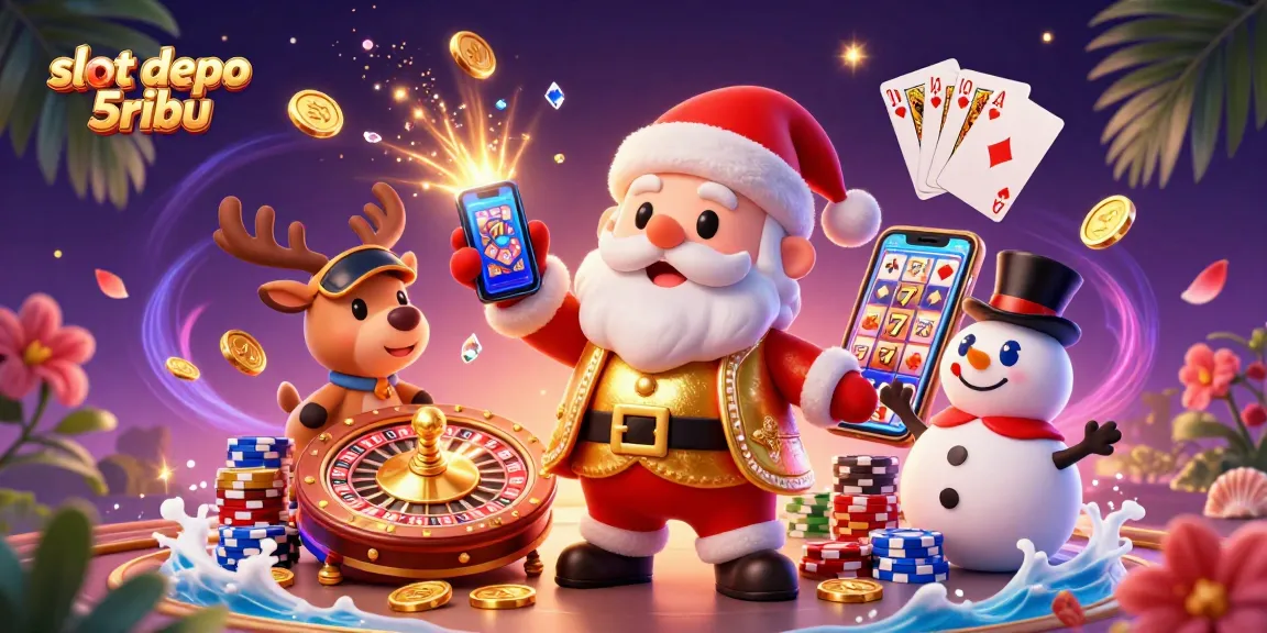 Win big with slot depo 5ribu in a vibrant 3D casino illustration featuring playful characters.