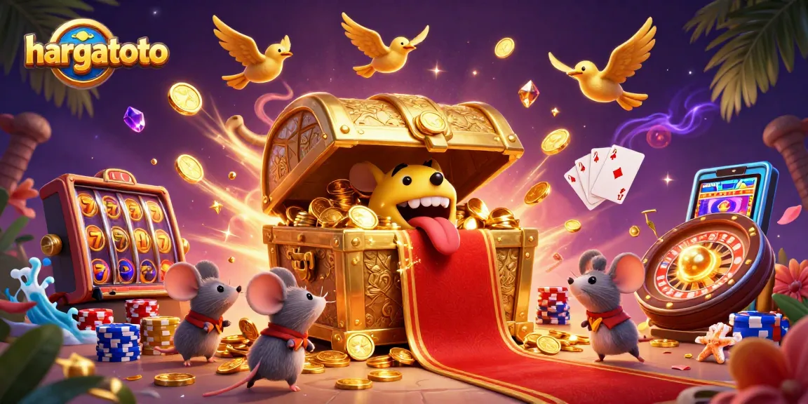 Experience thrilling gameplay with hargatoto's vibrant 3D illustration showcasing slot machines and treasures.